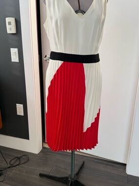 Trina Turk Red, White & Black Pleated Midi Dress